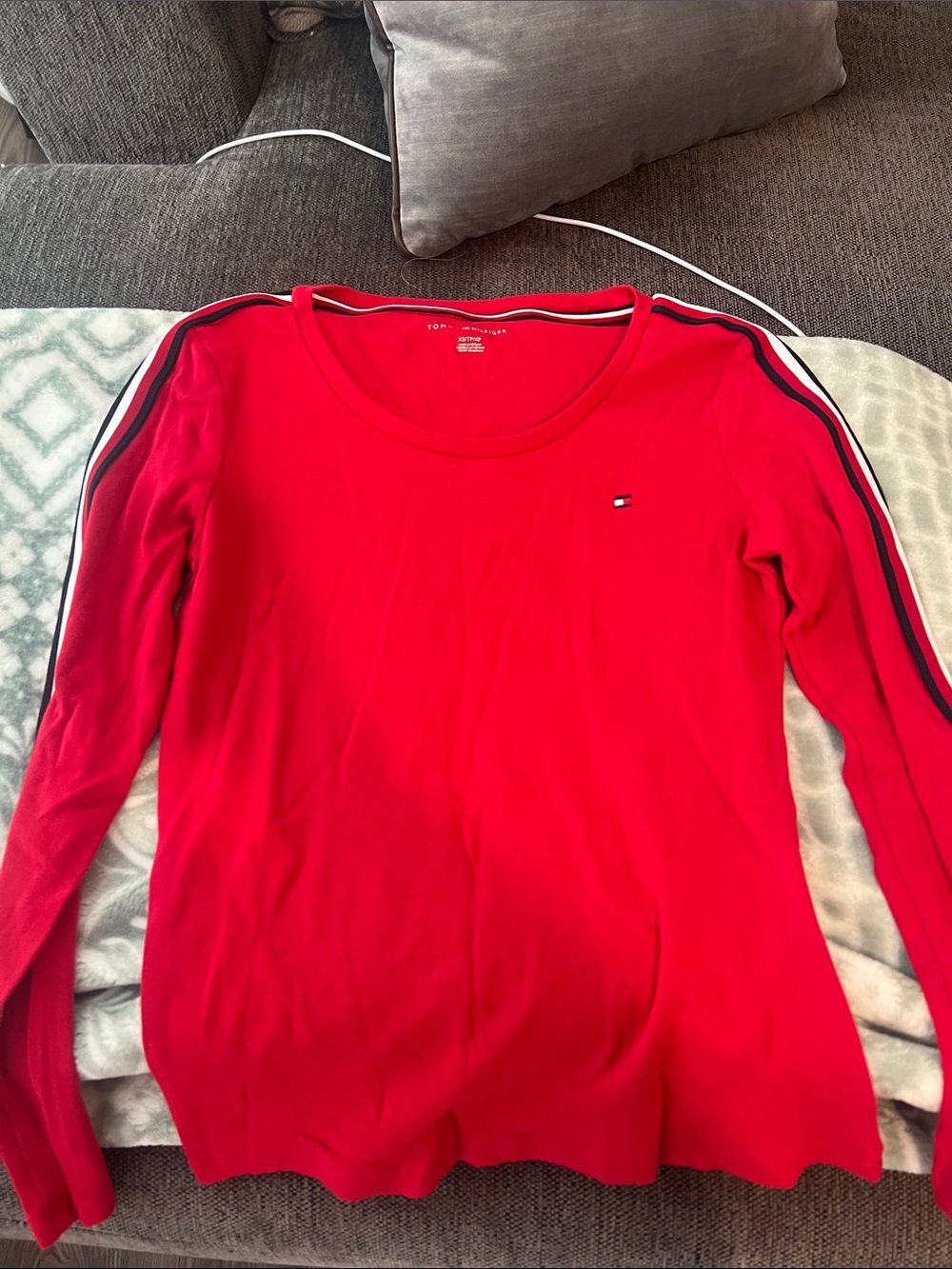 Tommy Hilfiger Red Long-Sleeve Crewneck with Contrast Shoulder Stripes